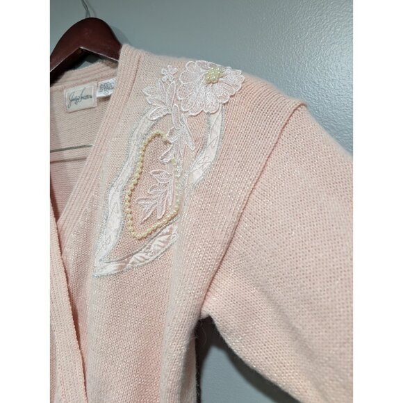 Vintage Jaclyn Smith Faux Wrap Sweater Pink Shoulder Pads White Lace Pearls Sz L - Picture 7 of 16